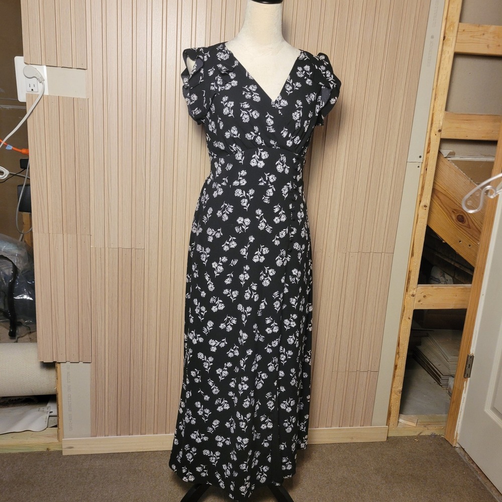 Kate Spade New York Black White Floral Flutter Sleeve Maxi Dress Size 6 NJMUA895